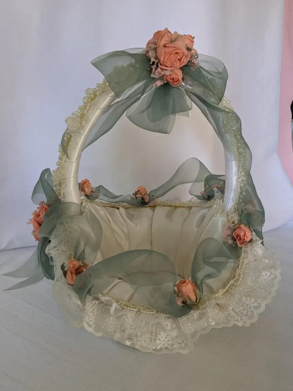 Handmade Lace Pearls Roses & Satin Wedding Baby Cheer Gift Basket